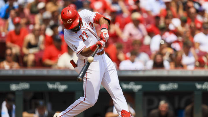 Jul 14, 2024; Cincinnati, Ohio, USA; Cincinnati Reds outfielder Rece Hinds (77) bats against the Miami Marlins in the third inning at Great American Ball Park. Mandatory Credit: Katie Stratman-USA TODAY Sports