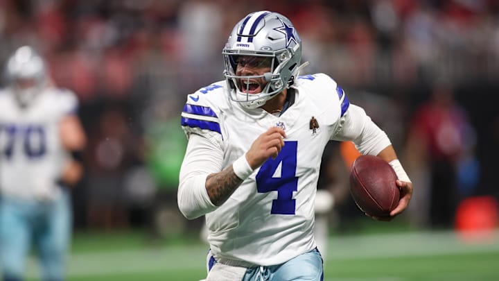 Nov 3, 2024; Atlanta, Georgia, USA; Dallas Cowboys quarterback Dak Prescott (4) runs the ball against the Atlanta Falcons in the second quarter at Mercedes-Benz Stadium. Mandatory Credit: Brett Davis-Imagn Images Nov 3, 2024; Atlanta, Georgia, USA; Dallas Cowboys quarterback Dak Prescott (4) runs the ball against the Atlanta Falcons in the second quarter at Mercedes-Benz Stadium. Mandatory Credit: Brett Davis-Imagn Images