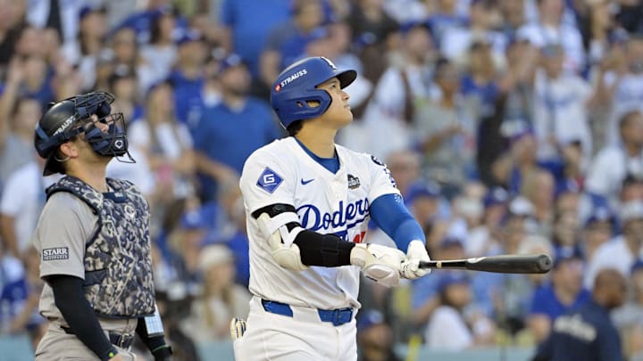 Oct 25, 2024; Los Angeles, California, USA; Los Angeles Dodgers designated hitter Shohei Ohtani (17) at bat against the New York Yankees in the first inning during game one of the 2024 MLB World Series at Dodger Stadium. Mandatory Credit: Jayne Kamin-Oncea-Imagn Images Oct 25, 2024; Los Angeles, California, USA; Los Angeles Dodgers designated hitter Shohei Ohtani (17) at bat against the New York Yankees in the first inning during game one of the 2024 MLB World Series at Dodger Stadium. Mandatory Credit: Jayne Kamin-Oncea-Imagn Images