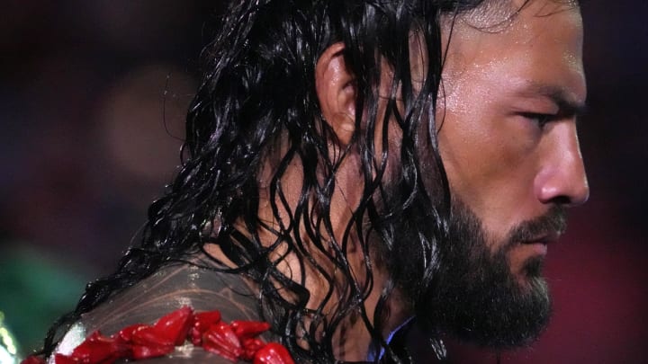 Jul 30, 2022; Nashville, Tennessee, US; Roman Reigns enters the arena for his last man standing match for the Undisputed Championship against Brock Lesnar (not pictured) during SummerSlam at Nissan Stadium. Mandatory Credit: Joe Camporeale-USA TODAY Sports