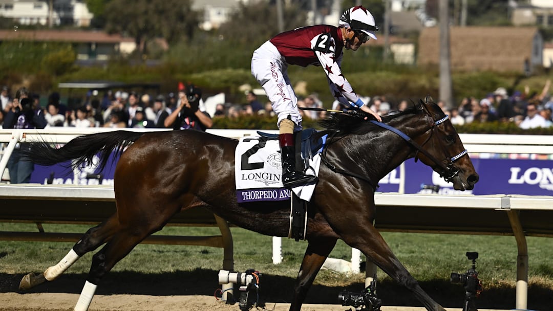 Nov 2, 2024; Del Mar, CA, USA; Thorpedo Anna ridden by Brian Hernandez wins the Distaff ridden by Rossa Ryan during the 2024 Breeders' Cup Championship at Del Mar Thoroughbred Club. 