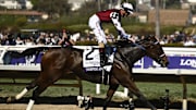 Nov 2, 2024; Del Mar, CA, USA; Thorpedo Anna ridden by Brian Hernandez wins the Distaff ridden by Rossa Ryan during the 2024 Breeders' Cup Championship at Del Mar Thoroughbred Club. 