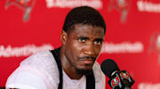 Tampa Bay Buccaneers running back Rachaad White (1) talks to media after training camp