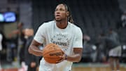 Nov 27, 2024; San Antonio, Texas, USA; San Antonio Spurs center Charles Bassey (28) before the game against the Los Angeles Lakers at Frost Bank Center.