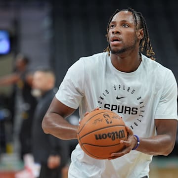 Nov 27, 2024; San Antonio, Texas, USA; San Antonio Spurs center Charles Bassey (28) before the game against the Los Angeles Lakers at Frost Bank Center.