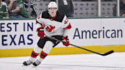 Mar 4, 2025; Dallas, Texas, USA; New Jersey Devils defenseman Luke Hughes (43) in action during the game between the Dallas Stars and the New Jersey Devils at the American Airlines Center. Mandatory Credit: Jerome Miron-Imagn Images