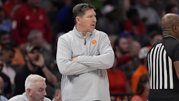 Mar 13, 2025; Charlotte, NC, USA; Clemson Tigers head coach Brad Brownell during the first half against the Southern Methodist Mustangs at Spectrum Center. Mandatory Credit: Jim Dedmon-Imagn Images