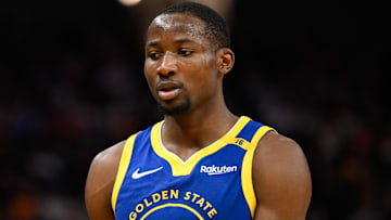 Dec 23, 2024; San Francisco, California, USA; Golden State Warriors forward Jonathan Kuminga (00) looks on against the Indiana Pacers in the third quarter at Chase Center. Mandatory Credit: Eakin Howard-Imagn Images