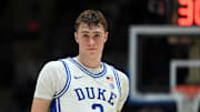 Dec 4, 2024; Durham, North Carolina, USA; Duke Blue Devils forward Cooper Flagg (2) during the second half against the Auburn Tigers at Cameron Indoor Stadium.  The Blue Devils won 84-78.   Mandatory Credit: Rob Kinnan-Imagn Images