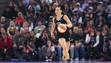 Jun 19, 2025; San Francisco, California, USA; Golden State Valkyries guard Carla Leite (0) dribbles against the Indiana Fever during the first quarter at Chase Center. Mandatory Credit: Darren Yamashita-Imagn Images