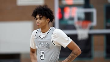 Jan 3, 2025; Gilbert, AZ, USA; Wasatch Academy guard Katrelle Harmon (5) against Link Academy during the Hoophall West High School Invitational at Highland High School. Mandatory Credit: Mark J. Rebilas-Imagn Images