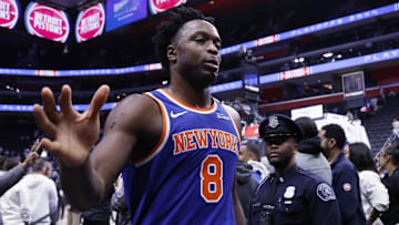 May 1, 2025; Detroit, Michigan, USA; New York Knicks forward OG Anunoby (8) walks off the court after the game against the Detroit Pistons  during game six of first round for the 2024 NBA Playoffs at Little Caesars Arena. Mandatory Credit: Rick Osentoski-Imagn Images