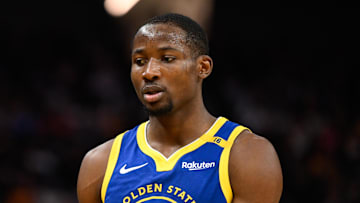 Dec 23, 2024; San Francisco, California, USA; Golden State Warriors forward Jonathan Kuminga (00) looks on against the Indiana Pacers in the third quarter at Chase Center. Mandatory Credit: Eakin Howard-Imagn Images