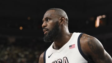 Jul 10, 2024; Las Vegas, Nevada, USA; USA forward Lebron James (6) looks on during the third quarter against Canada in the USA Basketball Showcase at T-Mobile Arena. Mandatory Credit: Candice Ward-USA TODAY Sports