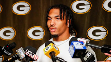 Green Bay Packers rookie cornerback Micah Robinson is interviewed by the media during rookie minicamp on Friday, May 2, 2025, at Lambeau Field in Green Bay, Wisconsin. The Packers selected Robinson with the second of their two seventh round picks in the 2025 NFL Draft.