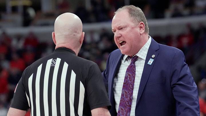 Wisconsin head coach Greg Gard argues a call during the first half of their quarterfinal game against Illinois in the Big Ten tournament Friday, March 13, 2026 at the United Center in Chicago, Illinois.
