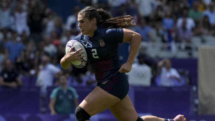 United States forward Ilona Maher (2) during the Paris 2024 Olympic Summer Games at Stade de France.