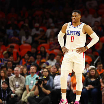 Los Angeles Clippers guard Russell Westbrook (0) against the Phoenix Suns during game five of the 2023 NBA playoffs at Footprint Center. 