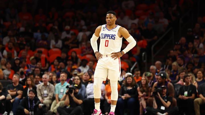 Los Angeles Clippers guard Russell Westbrook (0) against the Phoenix Suns during game five of the 2023 NBA playoffs at Footprint Center. 