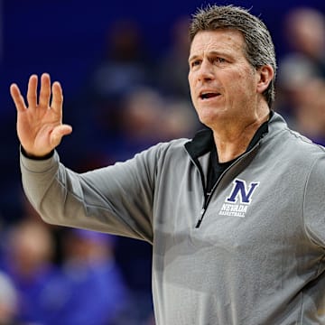 Feb 4, 2025; Colorado Springs, Colorado, USA; Nevada Wolf Pack head coach Steve Alford in the first half against the Air Force Falcons at Clune Arena