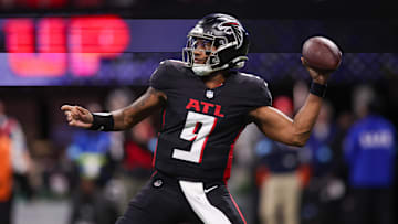 Jan 5, 2025; Atlanta, Georgia, USA; Atlanta Falcons quarterback Michael Penix Jr. (9) throws a pass against the Carolina Panthers in the third quarter at Mercedes-Benz Stadium. Mandatory Credit: Brett Davis-Imagn Images
