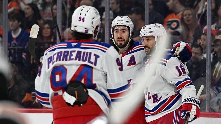 Mar 9, 2026; Philadelphia, Pennsylvania, USA; New York Rangers center Mika Zibanejad (93) celebrates his goal with right wing Gabe Perreault (94) and center Vincent Trocheck (16) against the Philadelphia Flyers during the second period at Xfinity Mobile Arena. Mandatory Credit: Eric Hartline-Imagn Images