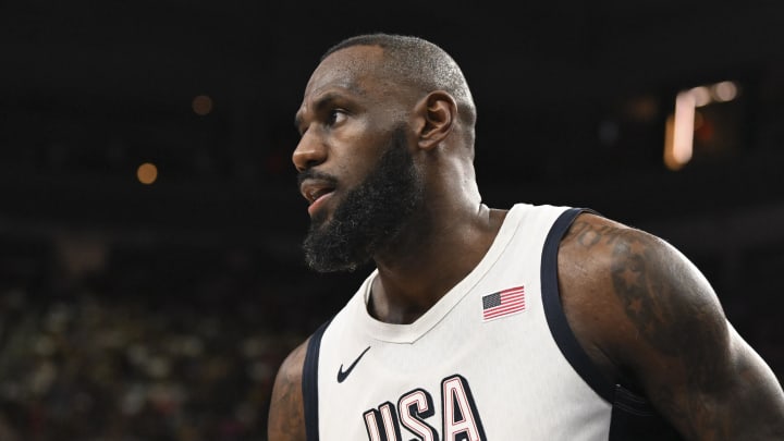 Jul 10, 2024; Las Vegas, Nevada, USA; USA forward LeBron James (6) looks on during the third quarter against Canada in the USA Basketball Showcase at T-Mobile Arena. 