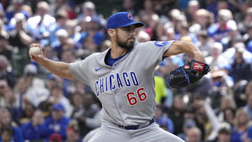 May 4, 2025; Milwaukee, Wisconsin, USA; Chicago Cubs pitcher Julian Merryweather (66) delivers a pitch against the Milwaukee Brewers in the sixth inning at American Family Field. Mandatory Credit: Michael McLoone-Imagn Images