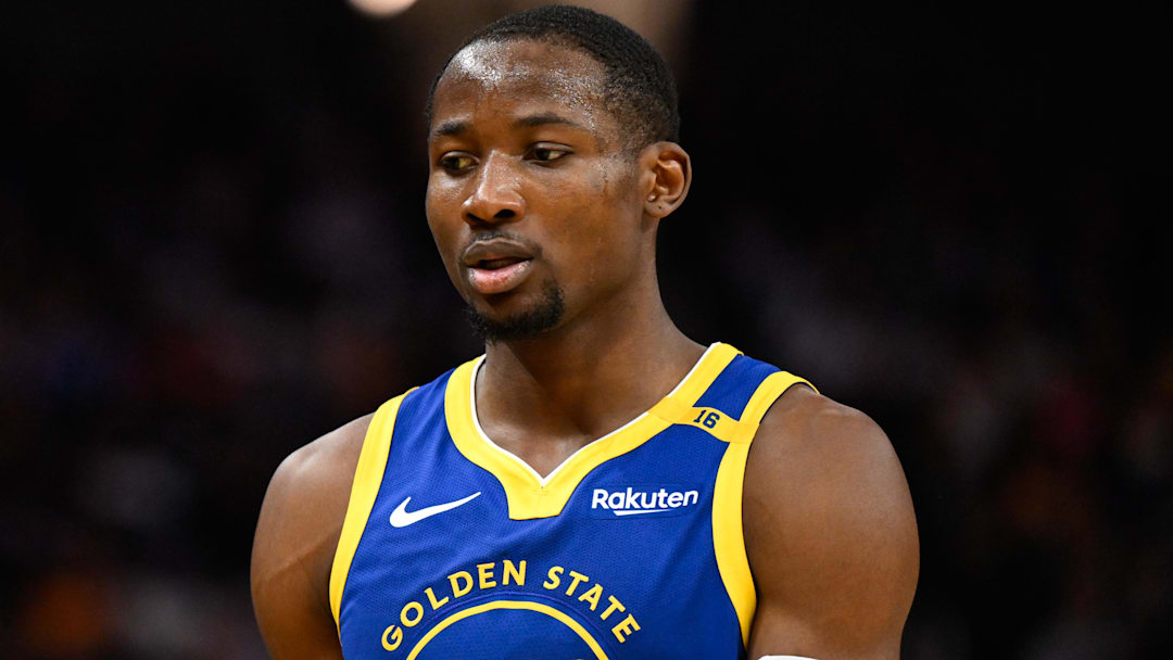 Dec 23, 2024; San Francisco, California, USA; Golden State Warriors forward Jonathan Kuminga (00) looks on against the Indiana Pacers in the third quarter at Chase Center. Mandatory Credit: Eakin Howard-Imagn Images