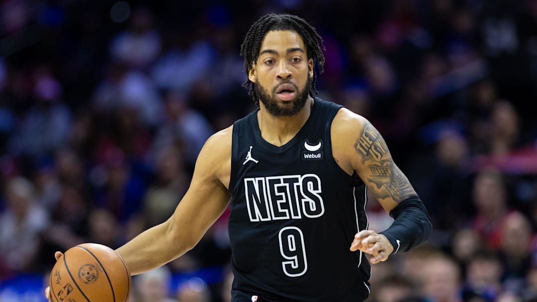 Apr 14, 2024; Philadelphia, Pennsylvania, USA; Brooklyn Nets forward Trendon Watford (9) controls the ball against the Philadelphia 76ers during the first quarter at Wells Fargo Center. Mandatory Credit: Bill Streicher-Imagn Images