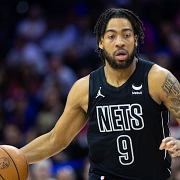 Apr 14, 2024; Philadelphia, Pennsylvania, USA; Brooklyn Nets forward Trendon Watford (9) controls the ball against the Philadelphia 76ers during the first quarter at Wells Fargo Center. Mandatory Credit: Bill Streicher-Imagn Images