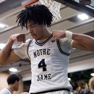 Jan 4, 2025; Gilbert, AZ, USA; Notre Dame High School (CA) forward Tyran Stokes (4) flexes as he celebrates a shot against Sandra Day O'Connor (AZ) during the Hoophall West High School Invitational at Highland High School. Mandatory Credit: Mark J. Rebilas-Imagn Images