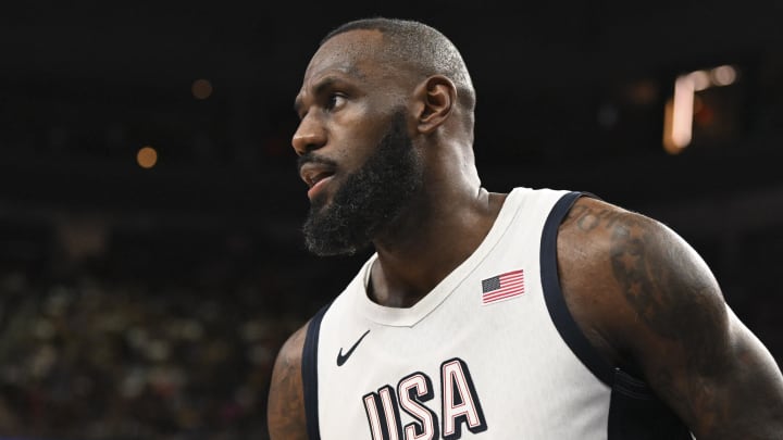 Jul 10, 2024; Las Vegas, Nevada, USA; USA forward Lebron James (6) looks on during the third quarter against Canada in the USA Basketball Showcase at T-Mobile Arena. Mandatory Credit: Candice Ward-USA TODAY Sports