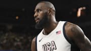 USA forward Lebron James looks on during the third quarter against Canada in the USA Basketball Showcase at T-Mobile Arena.