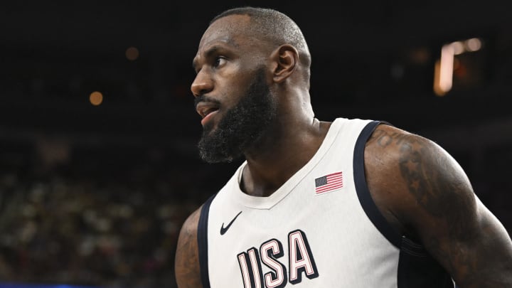 Jul 10, 2024; Las Vegas, Nevada, USA; USA forward Lebron James (6) looks on during the third quarter against Canada in the USA Basketball Showcase at T-Mobile Arena. Mandatory Credit: Candice Ward-USA TODAY Sports