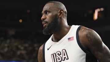 USA forward Lebron James looks on during the third quarter against Canada in the USA Basketball Showcase at T-Mobile Arena.
