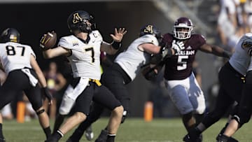 Sep 10, 2022; College Station, Texas, USA; Appalachian State Mountaineers quarterback Chase Brice (7) drops back to pass against the Texas A&M Aggies in the fourth quarter at Kyle Field. Appalachian State Mountaineers won 17 to 14. Mandatory Credit: Thomas Shea-Imagn Images