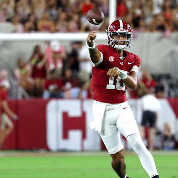 Sep 6, 2025; Tuscaloosa, Alabama, USA; Alabama Crimson Tide quarterback Austin Mack (10) passes the ball during the second half against the Louisiana Monroe Warhawks at Saban Field at Bryant-Denny Stadium. Mandatory Credit: David Leong-Imagn Images
