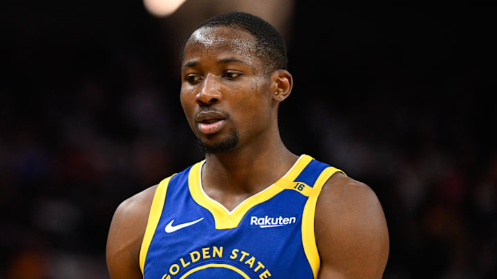 Dec 23, 2024; San Francisco, California, USA; Golden State Warriors forward Jonathan Kuminga (00) looks on against the Indiana Pacers in the third quarter at Chase Center. Mandatory Credit: Eakin Howard-Imagn Images