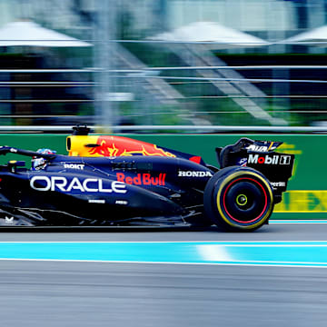 May 3, 2024; Miami Gardens, Florida, USA; Red Bull Racing driver Max Verstappen (1)  enters the track during F1 practice at Miami International Autodrome. Mandatory Credit: John David Mercer-Imagn Images