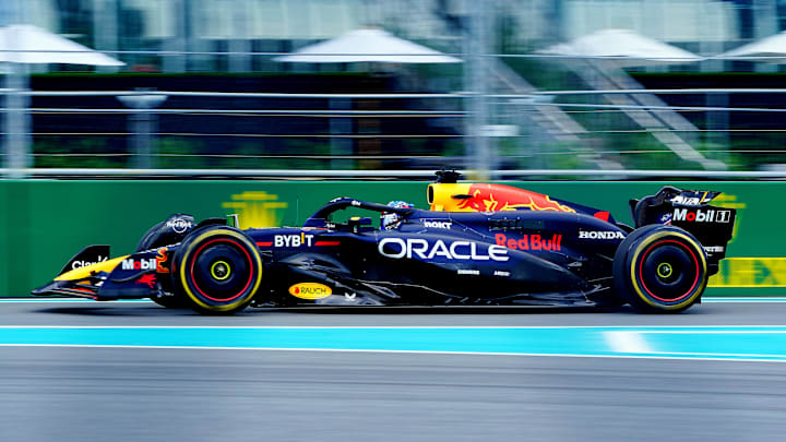 May 3, 2024; Miami Gardens, Florida, USA; Red Bull Racing driver Max Verstappen (1)  enters the track during F1 practice at Miami International Autodrome. Mandatory Credit: John David Mercer-Imagn Images