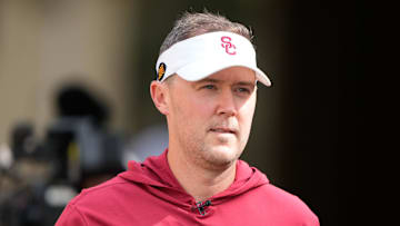 Sep 10, 2022; Stanford, California, USA;  USC Trojans head coach Lincoln Riley walks out of the tunnel for warmups before the start of the first quarter against the Stanford Cardinal at Stanford Stadium. Mandatory Credit: Stan Szeto-Imagn Images