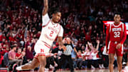 Nov 27, 2024; Lincoln, Nebraska, USA; Nebraska Cornhuskers guard Ahron Ulis celebrates after making a buzzer-beater shot from half court against the South Dakota Coyotes to end the first half.