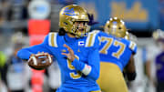 Nov 22, 2025; Pasadena, California, USA;  UCLA Bruins quarterback Nico Iamaleava (9) sets to pass the ball during the first half against the Washington Huskies at the Rose Bowl. Mandatory Credit: Jayne Kamin-Oncea-Imagn Images