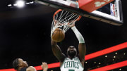 May 7, 2024; Boston, Massachusetts, USA; Boston Celtics guard Jaylen Brown (7) dunks on Cleveland