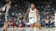 Jan 29, 2025; San Antonio, Texas, USA;  LA Clippers forward Kawhi Leonard (2) dribbles in front of San Antonio Spurs forward Harrison Barnes (40) in the first half at Frost Bank Center. Mandatory Credit: Daniel Dunn-Imagn Images