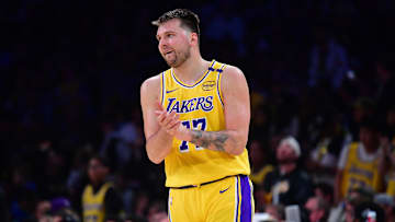 Los Angeles Lakers guard Luka Doncic reacts during the 2025 NBA Playoffs at Crypto.com Arena.