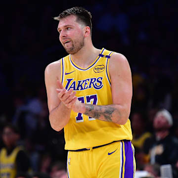 Apr 30, 2025; Los Angeles, California, USA; Los Angeles Lakers guard Luka Doncic (77) reacts during the second half in game five of first round for the 2025 NBA Playoffs at Crypto.com Arena. Mandatory Credit: Gary A. Vasquez-Imagn Images