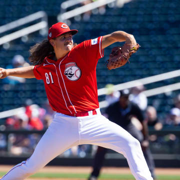 Mar 20, 2024; Goodyear, Arizona, USA; Cincinnati Reds pitcher Rhett Lowder against the Texas Rangers during a spring training baseball game at Goodyear Ballpark. Mandatory Credit: Mark J. Rebilas-USA TODAY Sports