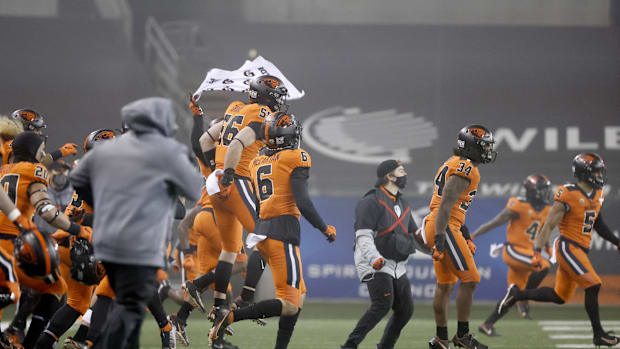 Nov 27, 2020; Corvallis, Oregon, USA; Oregon State Beavers players celebrate after defeating the Oregon Ducks at Reser Stadiu